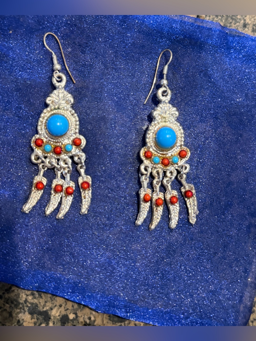 Boho Turquoise & Coral Dangle Earrings - Silver Tone nwot